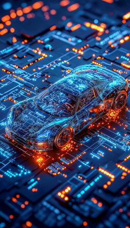 A sleek holographic vehicle design displayed over a textured circuit board, illuminated by radiant neon lights, embodied advanced technology and innoの写真素材