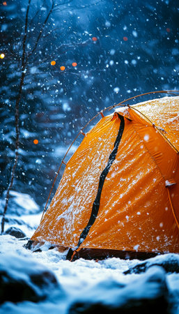 A vibrant orange tent rests amidst a snow-blanketed forest, swirling winter flakes creating a serene, chilly atmosphere perfect for alpine adventures.の写真素材