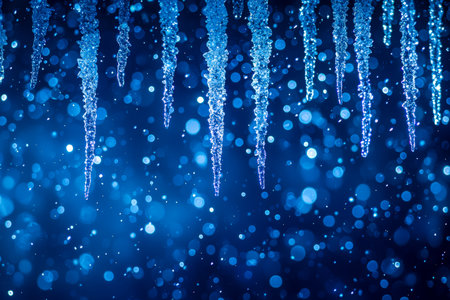Crystalline icicles intertwine with shimmering snowflakes, set against a vibrant blue bokeh backdrop, evoking chilly elegance and winter wonder.の写真素材