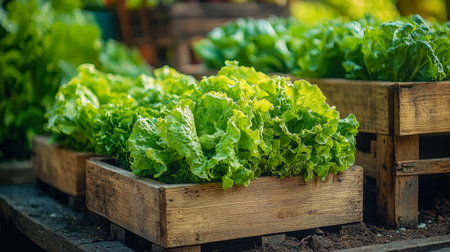 Vibrant greens spilling over aged wooden crates, evoking farm-fresh purity and rustic charm, perfect for healthy eating or organic market themes.の写真素材