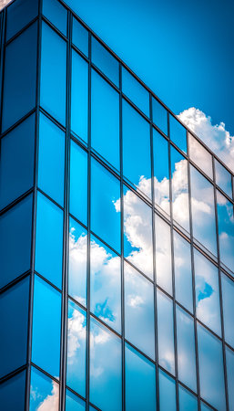 A sleek, contemporary structure with transparent panels captures the drifting clouds, creating a...