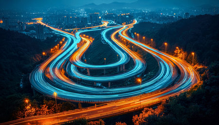 Vibrant urban scene with glowing road arcs and streaking vehicle lights creating an energetic...