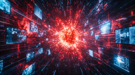 Multicolored holographic interfaces illuminate a sleek, high-tech space, embodying the rapid growth of digital information and innovation.の写真素材