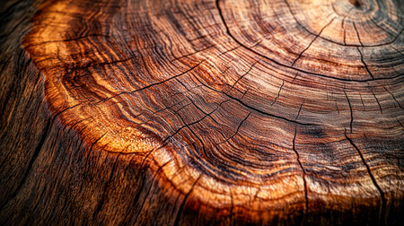 Textured bark with ancient growth patterns, deep cracks, and rings revealing decades of growth, evoking a sense of natural resilience and age.の写真素材