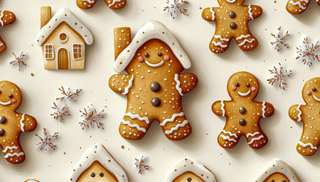 Delightful holiday scene featuring intricately decorated gingerbread cookies with snowflake motifs, exuding warmth and festive charm on a clean whiteの写真素材