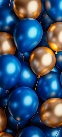 Vibrant assortment of glossy blue and gold balloons arranged in a lively cluster, perfect for joyful celebrations and spirited festive occasions.の写真素材