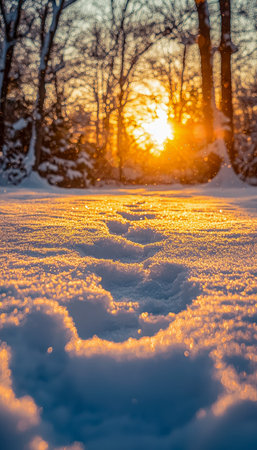 A peaceful winter scene capturing gentle pink hues over a snow-covered forest, with footprints...
