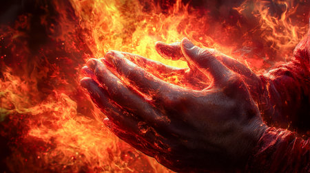 A dynamic scene of hands engulfed in flickering flames, emitting intense fiery energy that radiates power and passion.の写真素材
