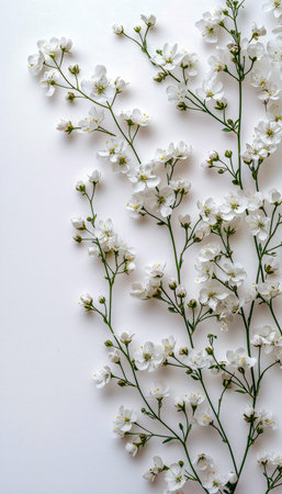 Graceful white blossoms bloom softly along thin green stalks, creating an elegant, minimalist...