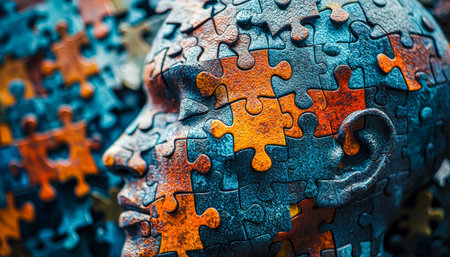 A vibrant mosaic of interlocking puzzle pieces forms a human silhouette, evoking themes of mind complexity, psychological balance, and mental wellnessの写真素材