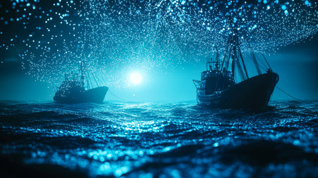 Soft glow from lantern-lit vessels drifts across calm waters beneath a celestial tapestry, evoking serenity and silent nocturnal beauty.の写真素材