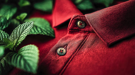 A vivid red shirt with a pointed collar is set against a lush green leaf backdrop, creating a fresh,...