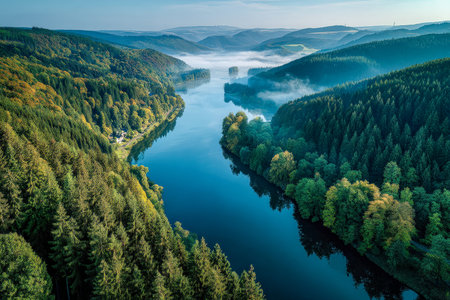 Serene early morning scene featuring a twisting river weaving through vibrant, tree-covered hills...