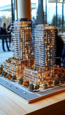 A sleek, contemporary scale model depicts towering apartments amid lush greenery, highlighting...