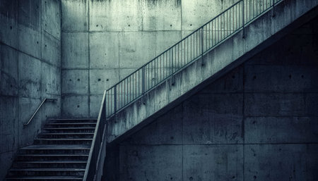 A sleek, gray concrete staircase with shiny metal railings ascends within an industrial space marked...