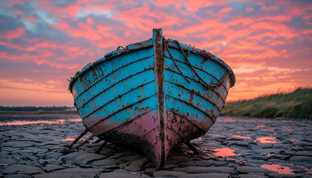A weathered vessel lies abandoned on a fissured coast, bathed in the fiery glow of dusk, evoking nostalgia and rugged beauty in a tranquil setting.の写真素材