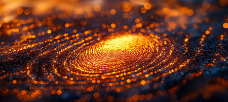 Vibrant warm-toned abstract featuring shimmering orange and yellow orbs with swirling circular light...