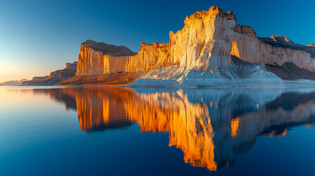 Majestic white cliffs rise sharply over tranquil azure waters, mirroring their grandeur in the...