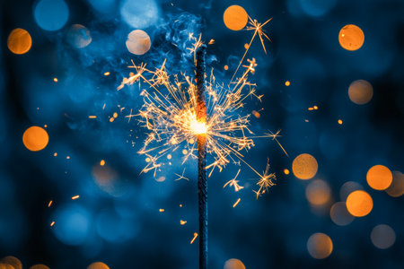 A vibrant sparkler ignites, illuminating the scene with golden sparks, while soft, colorful bokeh creates a dreamy, festive backdrop.の写真素材