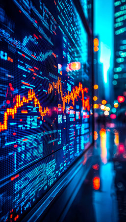 Vibrant electronic display showcasing dynamic market trends amid neon lights, creating an energetic...