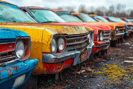 A line of neglectfully aged vehicles with peeling paint and corroded surfaces creates a nostalgic,...
