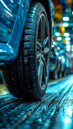 A detailed view of a new tire being assembled on an industrial line, illuminated by intense bright...