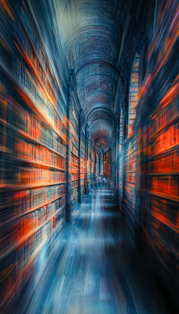 A dynamic, artistic perspective of an ancient library with towering shelves and ornate architecture,...