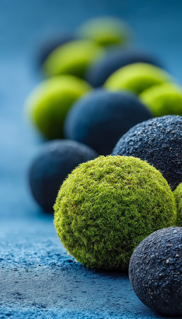17 textured spheres crafted from moss and stone rest artfully on an intricate blue background, creating a calming, natural-inspired artistic display pの写真素材
