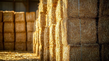 Sunlit barn filled with neatly piled hay bales, creating a cozy, rustic ambiance perfect for...