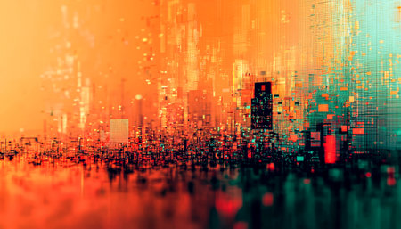 A futuristic cityscape composed of vivid pixelated elements, blending digital art and urban architecture to evoke innovation and vibrant energy.の写真素材