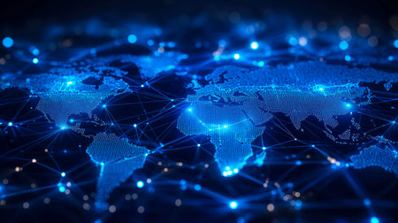 A luminous digital map highlights interconnected nodes across continents, illustrating seamless...