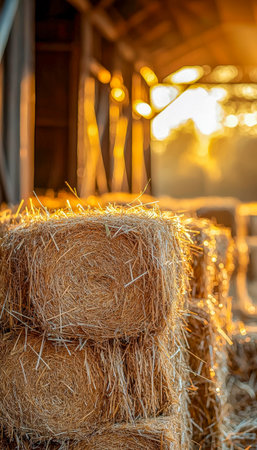 Warm golden light filters through aged wood as tightly packed hay bales rest inside a weathered barn, evoking rural tranquility at dusk.の写真素材