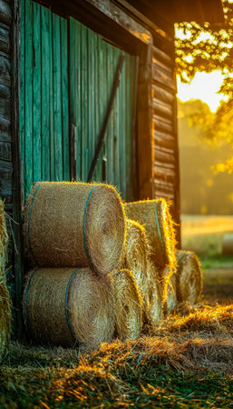 A weathered barn stands amid golden hay stacks, bathed in the soft, amber light of dusk, evoking...