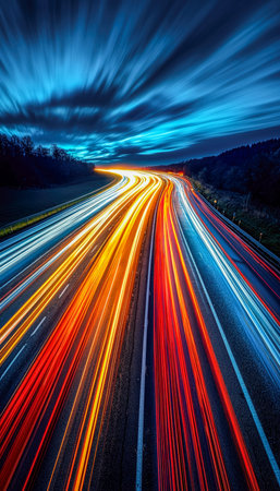 Vibrant streaks of vehicle lights weave through a serene nighttime landscape, capturing motion and...