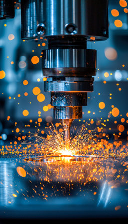 Intense orange glow from a precision laser beam ignites sparks during a manufacturing weld,...