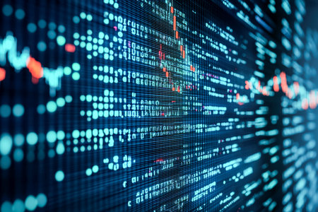 A high-tech interface showcases fluctuating line charts and pinpoint data points, evoking innovation and precision for financial analytics.の写真素材