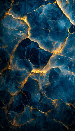 Intricate dark blue stone surface highlighted by shimmering gold veins and delicate fissures, exuding elegance and rich texture for upscale designs.の写真素材