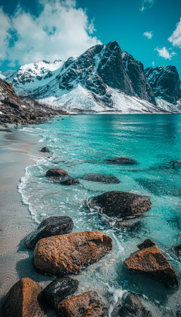 A tranquil alpine scene featuring still waters nestled among rugged rocks, with towering snowy summits and a sky dotted with soft clouds.の写真素材
