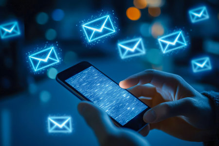 Vibrant night scene featuring luminous email symbols floating around a sleek smartphone,...