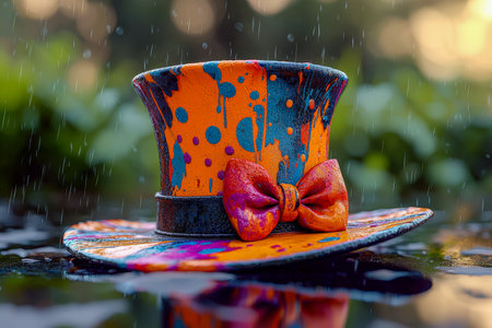 A vibrant, brush-stroked top hat with a matching bowtie gently drifts on reflective water amidst falling raindrops, evoking whimsy and artistry.の写真素材
