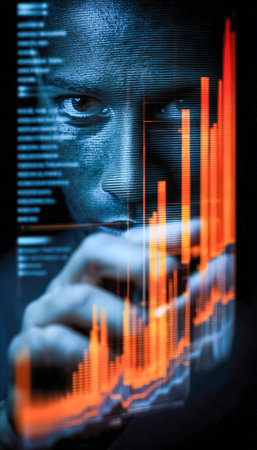 A professional reviews dynamic digital visuals of market trends and analytics on a sleek transparent...