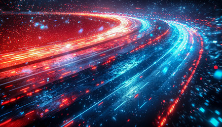 A night view of a hi-tech metropolis illuminated by radiant streaks of luminous data trails, portraying a dynamic, innovative urban environment.の写真素材