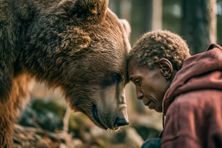 A young man gently shares a heartfelt connection with a majestic bear amidst lush woodland, capturing raw emotion and harmony in nature.の写真素材