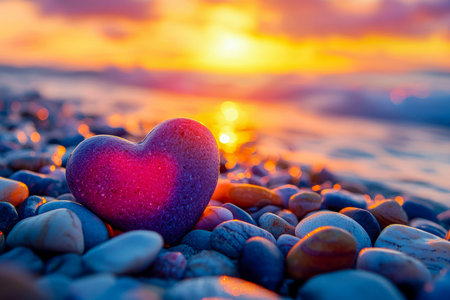 A smooth heart-like stone rests amidst vibrant pebbles, illuminated by warm sunset hues on an enchanting seaside pathway.の写真素材