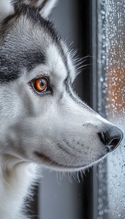 A curious husky puppy peers through a rain-streaked window, its bright eyes capturing the cozy,...