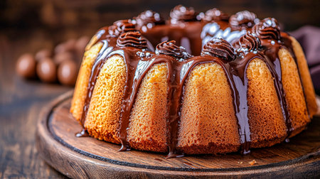 A moist vanilla sponge cake with glossy chocolate topping and intricate frosting swirls, invitingly arranged on a rustic wooden platter.の写真素材