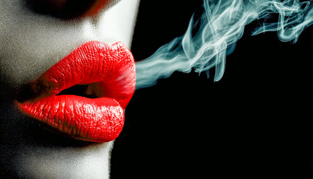 A vivid red-lipped mouth releases a swirl of smoke, creating a dramatic contrast against the dark backdrop, evoking a bold, mysterious mood.の写真素材