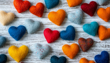 A vibrant collection of felt hearts in various hues rests gently on a rustic wooden table, creating a playful and romantic atmosphere.の写真素材