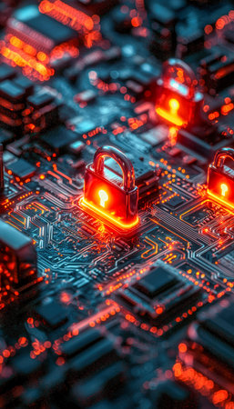 A detailed view of glowing padlock icons on a circuit board, emphasizing digital security and...