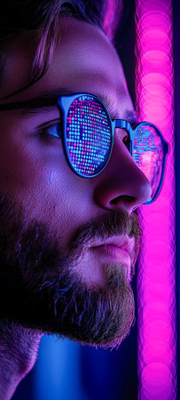 A person gazes intently through stylish glasses, their reflection capturing vibrant digital patterns illuminated by glowing neon surroundings.の写真素材